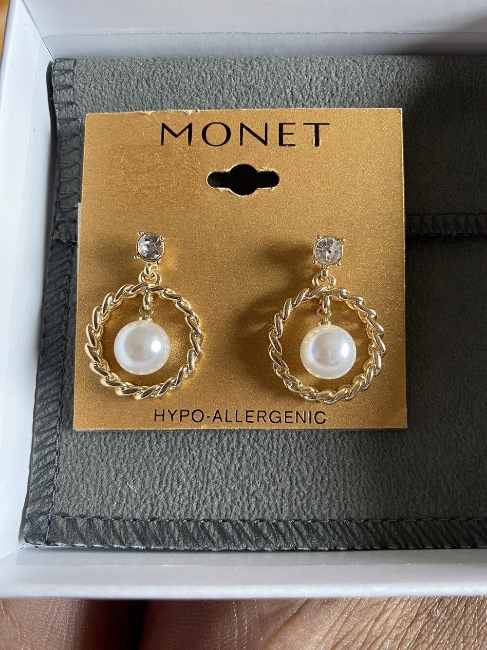 Vintage Monet Faux Pearl Gold Long Dangle Drop Stud Post Earrings